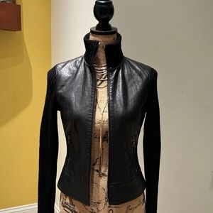 Theory Black Leather Jacket with Knit Sleeves